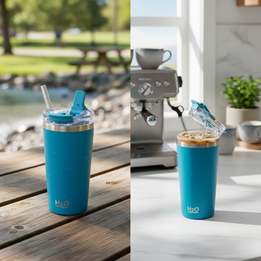 Deconox 530 ml Pipetli ve Ağızlıklı Çelik Termos Kupa - Çift Fonksiyonlu Kapak - Sıcak/Soğuk Tutan Seyahat Bardağı (Travel Mug) - 4 Farklı Renk Seçeneği (MAVİ)