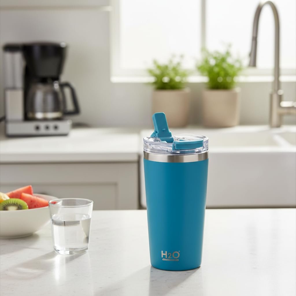 Deconox 530 ml Pipetli ve Ağızlıklı Çelik Termos Kupa - Çift Fonksiyonlu Kapak - Sıcak/Soğuk Tutan Seyahat Bardağı (Travel Mug) - 4 Farklı Renk Seçeneği (MAVİ)