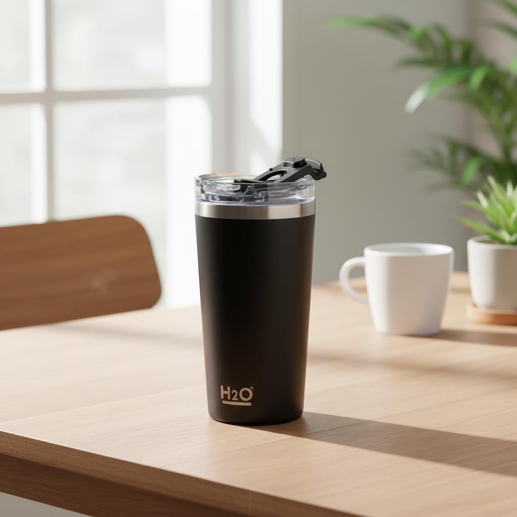 Deconox 530 ml Pipetli ve Ağızlıklı Çelik Termos Kupa - Çift Fonksiyonlu Kapak - Sıcak/Soğuk Tutan Seyahat Bardağı (Travel Mug) - 4 Farklı Renk Seçeneği (SİYAH)