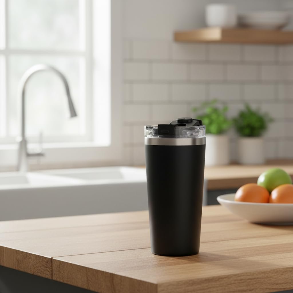 Deconox 530 ml Pipetli ve Ağızlıklı Çelik Termos Kupa - Çift Fonksiyonlu Kapak - Sıcak/Soğuk Tutan Seyahat Bardağı (Travel Mug) - 4 Farklı Renk Seçeneği (SİYAH)