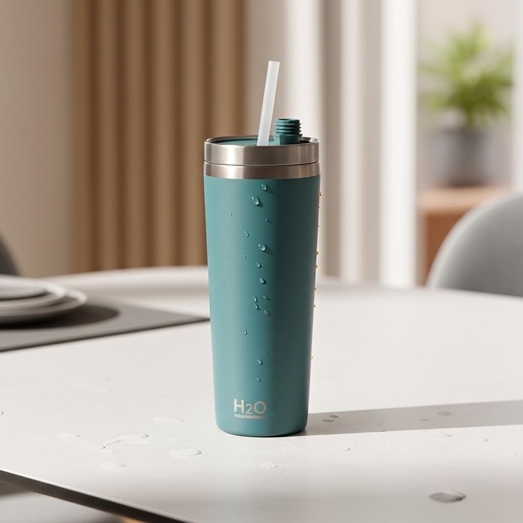 Deconox Gri Paslanmaz Çelik Pipetli Termos Kupa - 660 ml Büyük Boy (Venti) - Sıcak ve Soğuk Tutan Mug - Araç ve Ofis Tipi Bardak (YEŞİL)