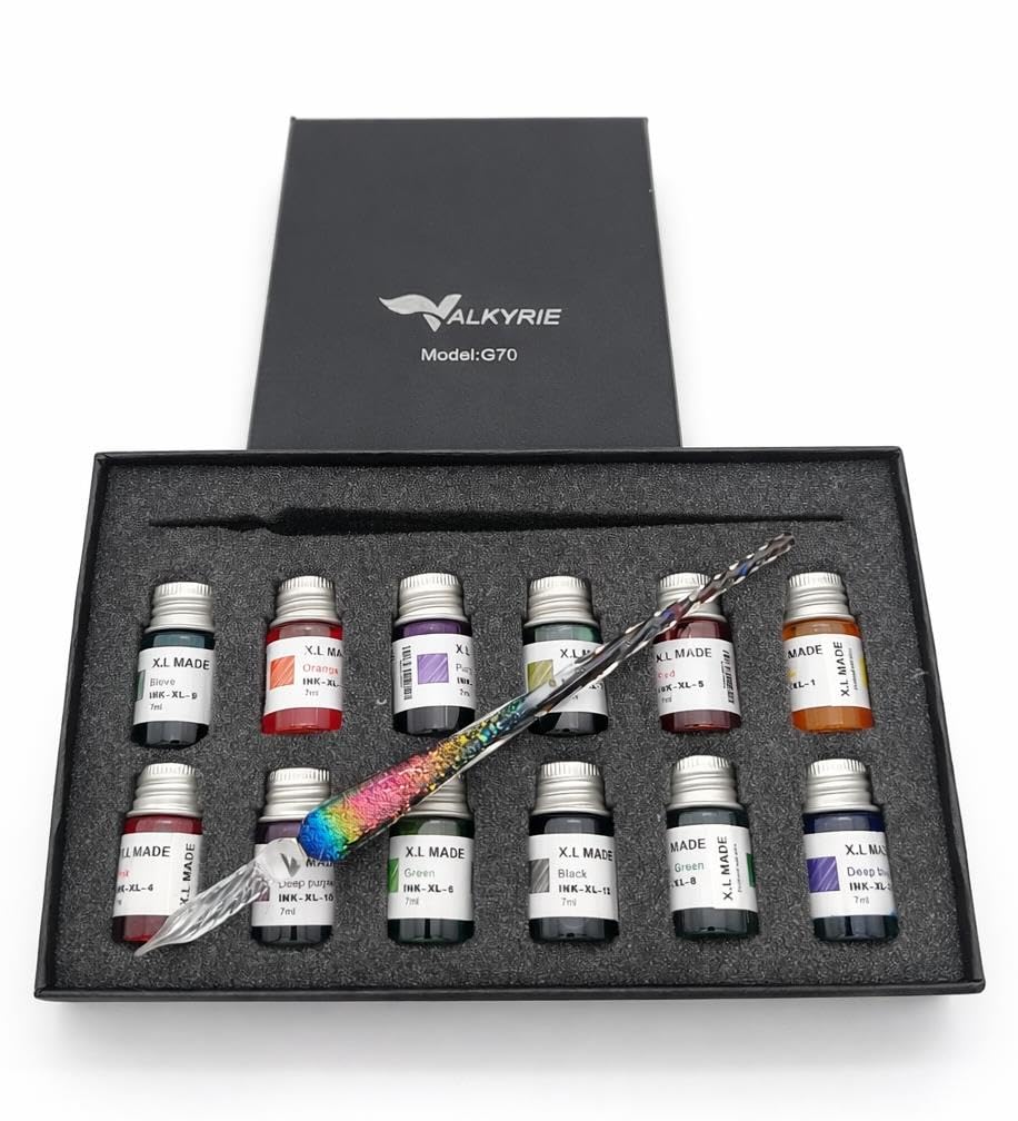 Valkyrie Gökkuşağı Cam Kalem Seti 12 Renk Mürekkep Hediyeli – Kristal Dip Pen Kaligrafi, Sanat ve Hobi Kalemi