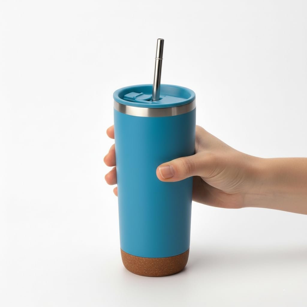 Deconox 590 ml Paslanmaz Çelik Pipetli Termos Kupa - 4 Renk Seçeneği (Siyah, Yeşil, Gri, Mavi) - Sıcak ve Soğuk Tutan Mug - Araç ve Ofis Bardağı (MAVİ)