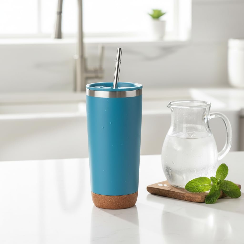 Deconox 590 ml Paslanmaz Çelik Pipetli Termos Kupa - 4 Renk Seçeneği (Siyah, Yeşil, Gri, Mavi) - Sıcak ve Soğuk Tutan Mug - Araç ve Ofis Bardağı (MAVİ)