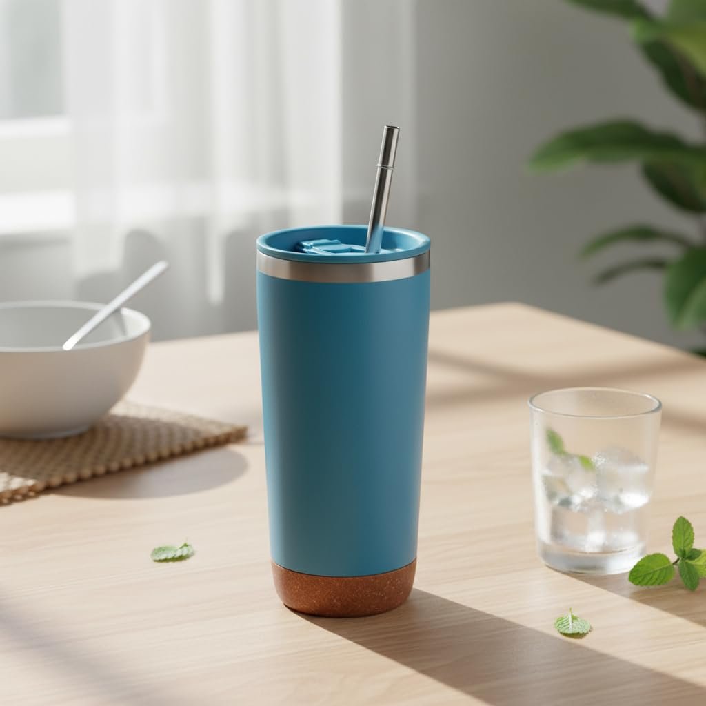 Deconox 590 ml Paslanmaz Çelik Pipetli Termos Kupa - 4 Renk Seçeneği (Siyah, Yeşil, Gri, Mavi) - Sıcak ve Soğuk Tutan Mug - Araç ve Ofis Bardağı (MAVİ)