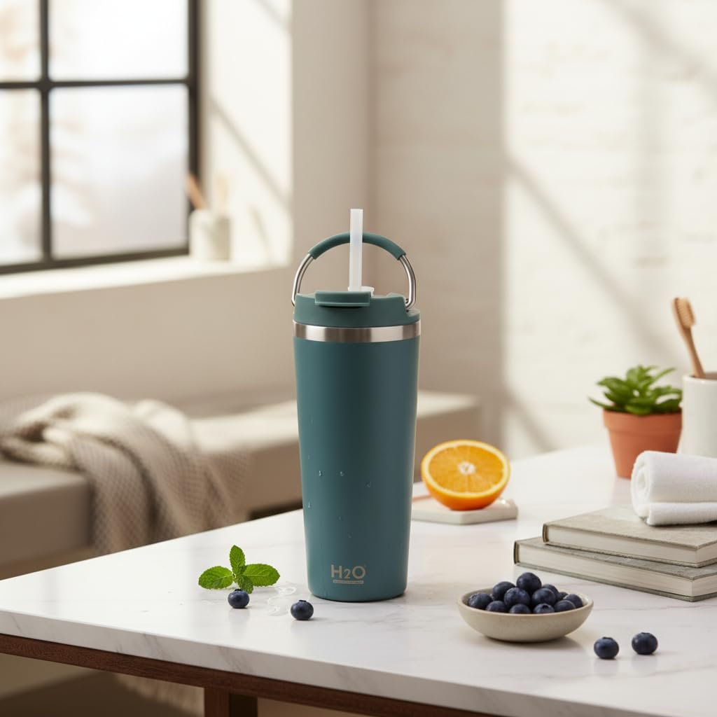 Deconox 660 ml Pipetli Paslanmaz Çelik Termos Kupa - 4 Renk Seçeneği (Krem, Yeşil, Siyah, Mavi) - Büyük Boy (Venti) Sıcak ve Soğuk Tutan Mug (YEŞİL)