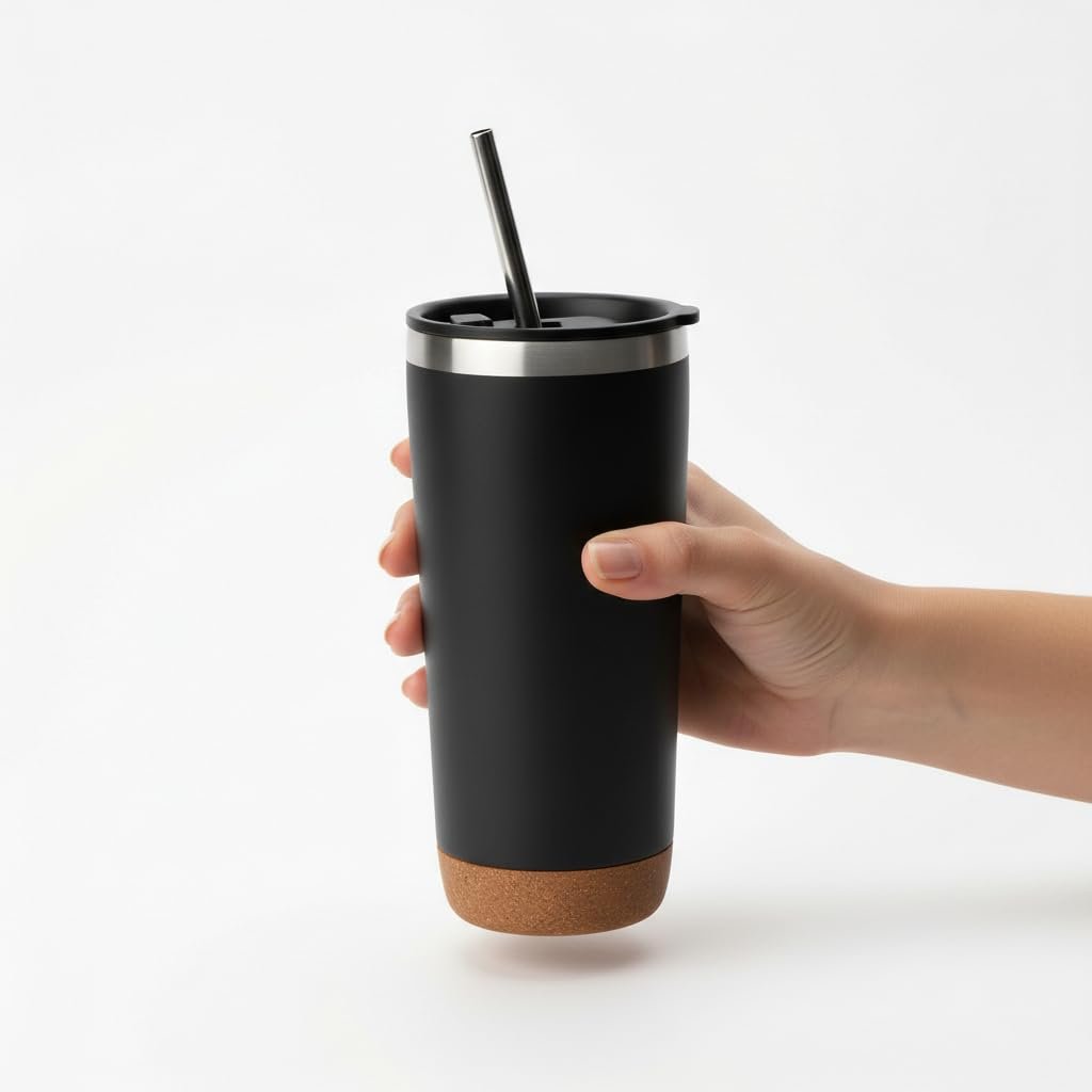 Deconox 590 ml Paslanmaz Çelik Pipetli Termos Kupa - 4 Renk Seçeneği (Siyah, Yeşil, Gri, Mavi) - Sıcak ve Soğuk Tutan Mug - Araç ve Ofis Bardağı (SİYAH)