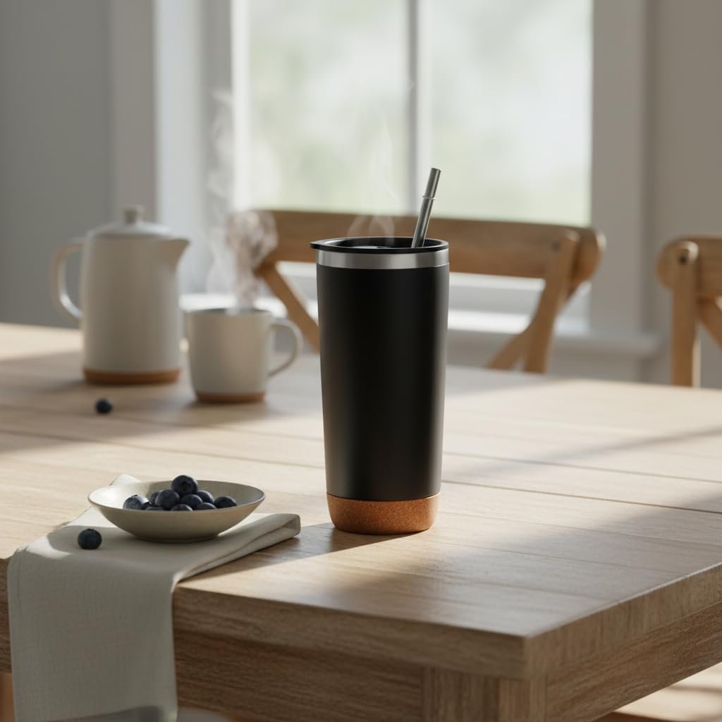 Deconox 590 ml Paslanmaz Çelik Pipetli Termos Kupa - 4 Renk Seçeneği (Siyah, Yeşil, Gri, Mavi) - Sıcak ve Soğuk Tutan Mug - Araç ve Ofis Bardağı (SİYAH)