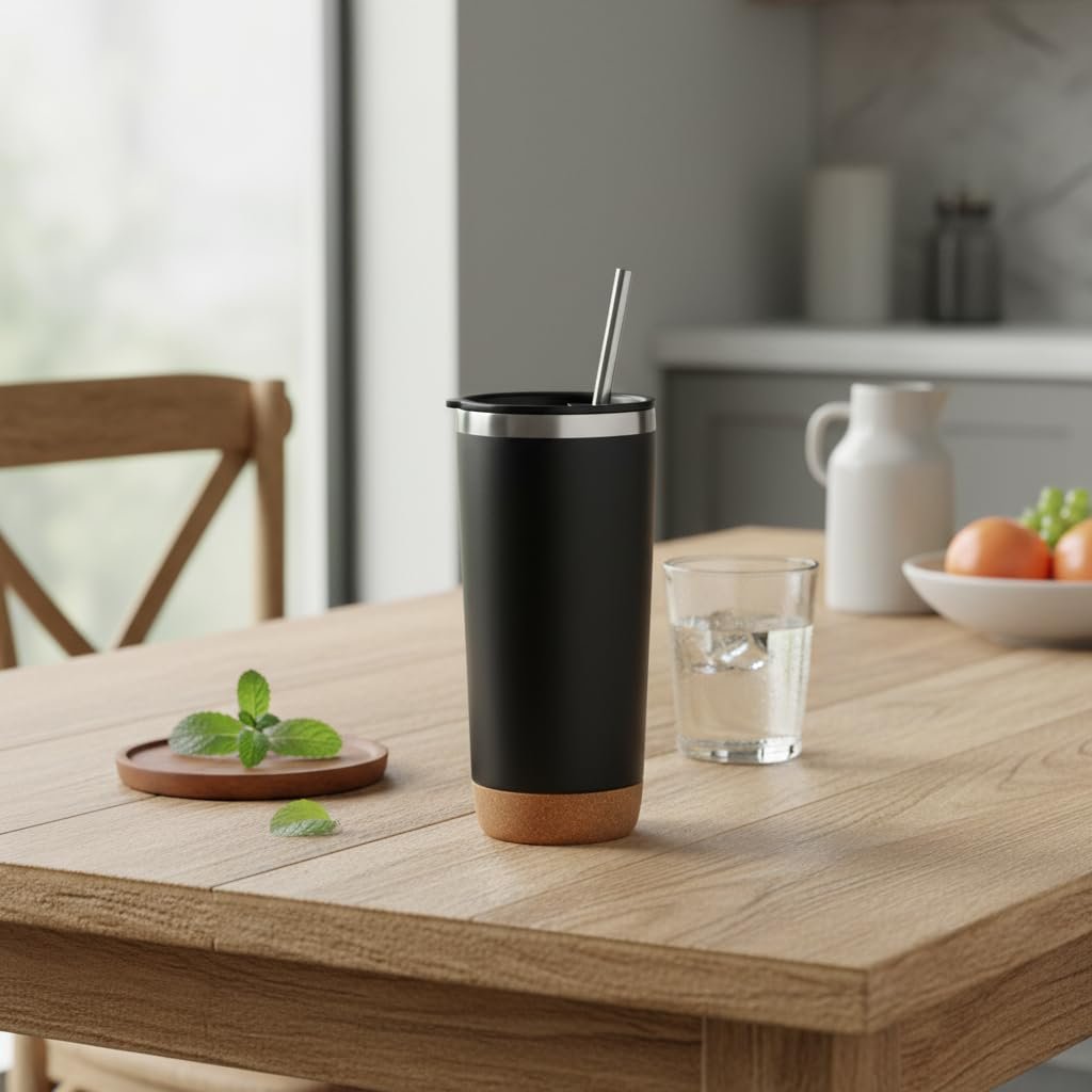 Deconox 590 ml Paslanmaz Çelik Pipetli Termos Kupa - 4 Renk Seçeneği (Siyah, Yeşil, Gri, Mavi) - Sıcak ve Soğuk Tutan Mug - Araç ve Ofis Bardağı (SİYAH)