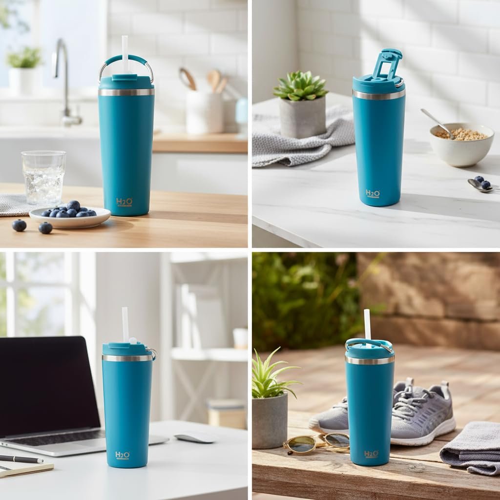 Deconox 660 ml Pipetli Paslanmaz Çelik Termos Kupa - 4 Renk Seçeneği (Krem, Yeşil, Siyah, Mavi) - Büyük Boy (Venti) Sıcak ve Soğuk Tutan Mug (MAVİ)
