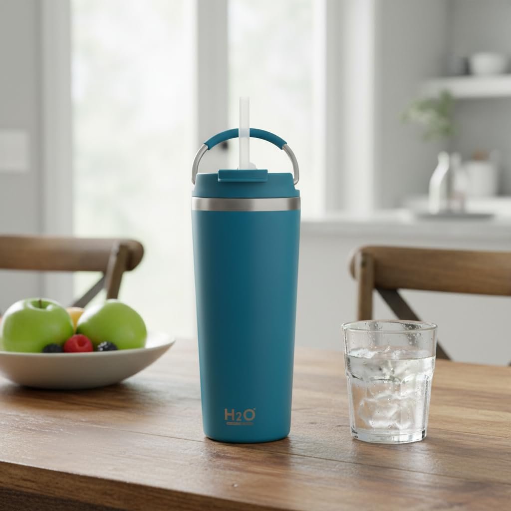 Deconox 660 ml Pipetli Paslanmaz Çelik Termos Kupa - 4 Renk Seçeneği (Krem, Yeşil, Siyah, Mavi) - Büyük Boy (Venti) Sıcak ve Soğuk Tutan Mug (MAVİ)