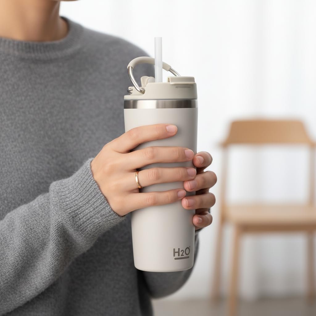 Deconox 660 ml Pipetli Paslanmaz Çelik Termos Kupa - 4 Renk Seçeneği (Krem, Yeşil, Siyah, Mavi) - Büyük Boy (Venti) Sıcak ve Soğuk Tutan Mug (KREM)