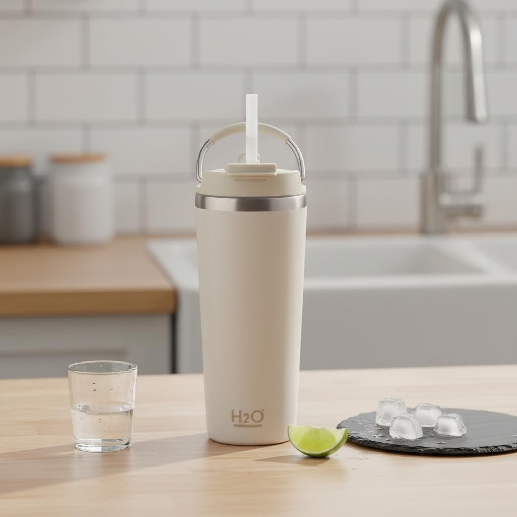 Deconox 660 ml Pipetli Paslanmaz Çelik Termos Kupa - 4 Renk Seçeneği (Krem, Yeşil, Siyah, Mavi) - Büyük Boy (Venti) Sıcak ve Soğuk Tutan Mug (KREM)