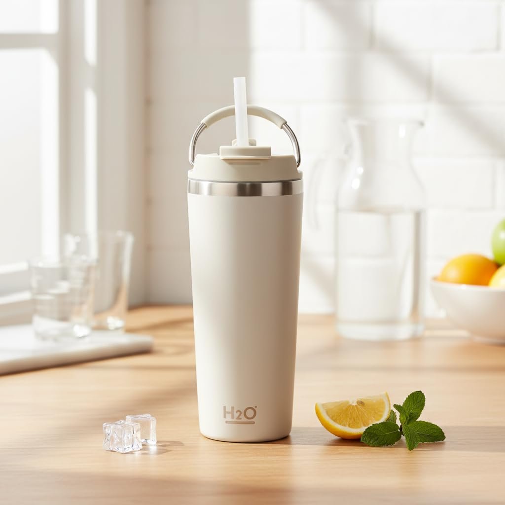 Deconox 660 ml Pipetli Paslanmaz Çelik Termos Kupa - 4 Renk Seçeneği (Krem, Yeşil, Siyah, Mavi) - Büyük Boy (Venti) Sıcak ve Soğuk Tutan Mug (KREM)