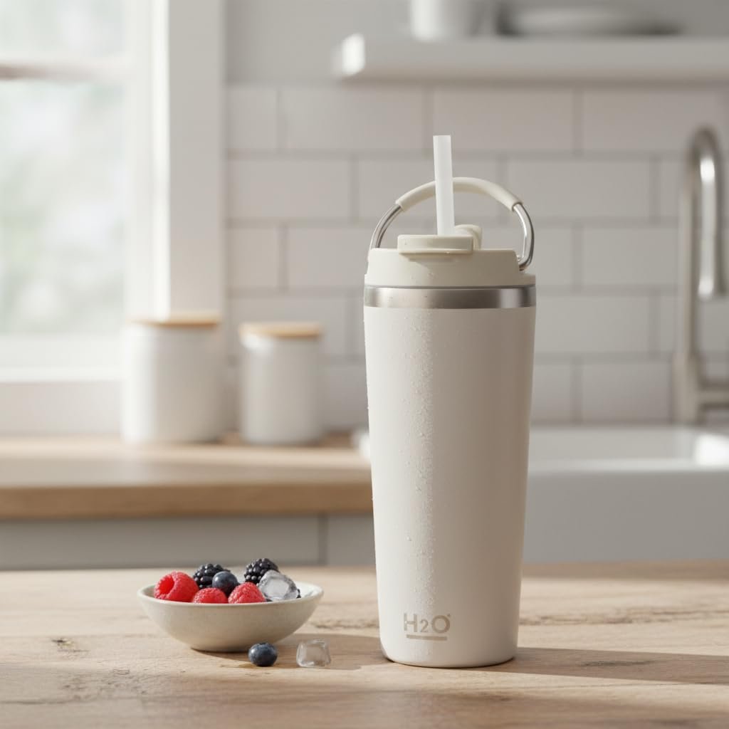 Deconox 660 ml Pipetli Paslanmaz Çelik Termos Kupa - 4 Renk Seçeneği (Krem, Yeşil, Siyah, Mavi) - Büyük Boy (Venti) Sıcak ve Soğuk Tutan Mug (KREM)
