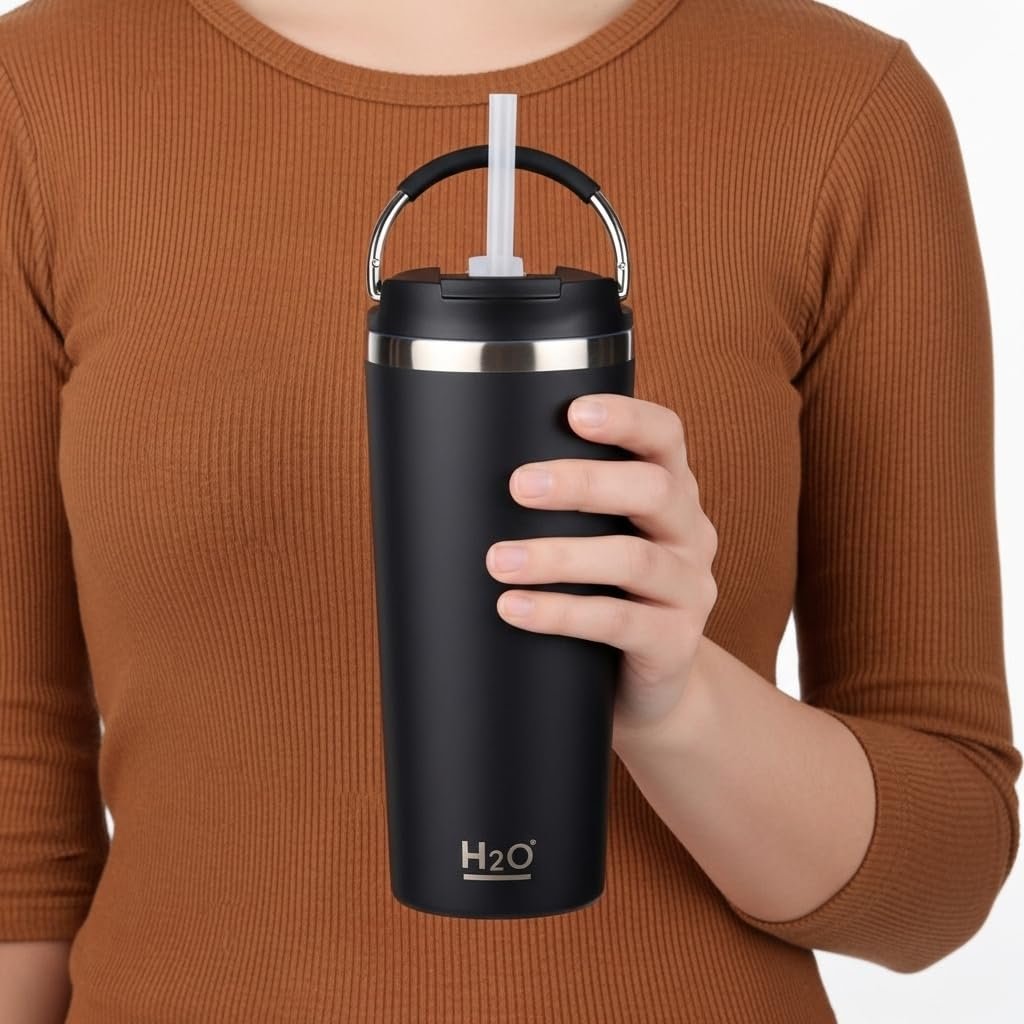 Deconox 660 ml Pipetli Paslanmaz Çelik Termos Kupa - 4 Renk Seçeneği (Krem, Yeşil, Siyah, Mavi) - Büyük Boy (Venti) Sıcak ve Soğuk Tutan Mug (SİYAH)