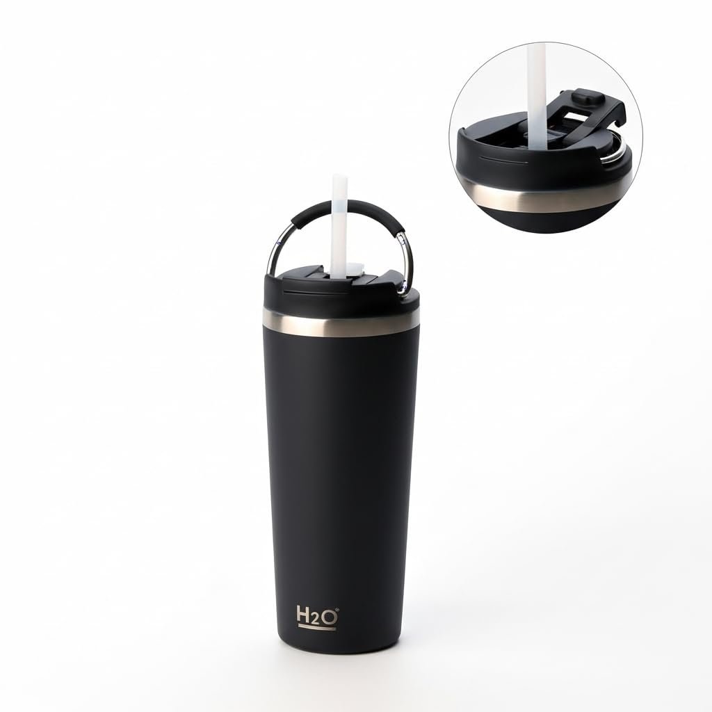 Deconox 660 ml Pipetli Paslanmaz Çelik Termos Kupa - 4 Renk Seçeneği (Krem, Yeşil, Siyah, Mavi) - Büyük Boy (Venti) Sıcak ve Soğuk Tutan Mug (SİYAH)