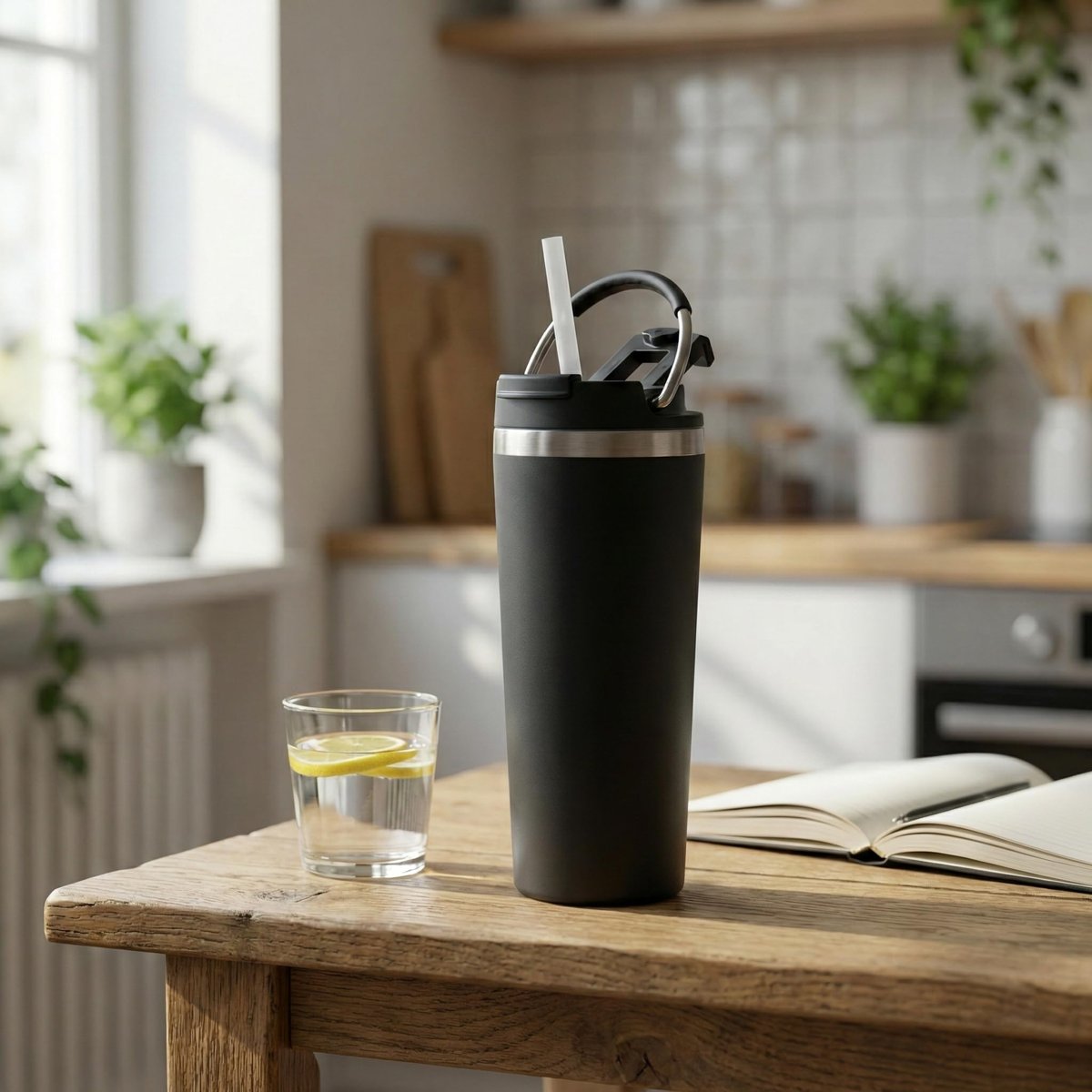 Deconox 660 ml Pipetli Paslanmaz Çelik Termos Kupa - 4 Renk Seçeneği (Krem, Yeşil, Siyah, Mavi) - Büyük Boy (Venti) Sıcak ve Soğuk Tutan Mug (SİYAH)
