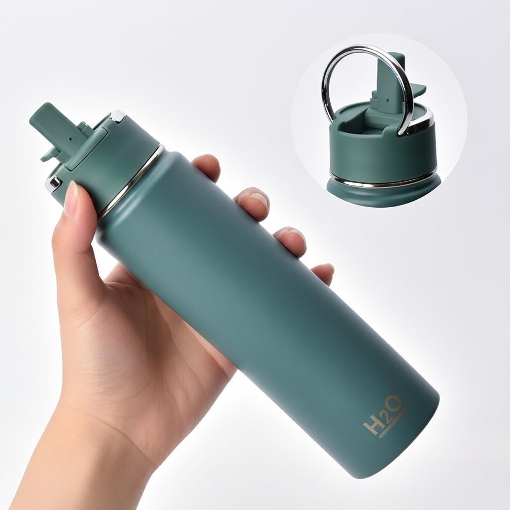 Deconox 650 ml Paslanmaz Çelik Termos Matara - 4 Renk (Krem, Yeşil, Siyah, Mavi) - Sıcak ve Soğuk Tutan Sporcu Suluk ve Ofis Şişesi (YEŞİL)