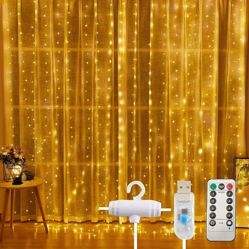 3x3 Metre Perde Led Işık, 300 Ledli 10 Sarkıtlı Dekoratif Peri Led, Uzaktan Kumandalı ve 8 Fonksiyonlu, USB Girişli Günışığı (Sarı) Duvar ve Perde Aydınlatması