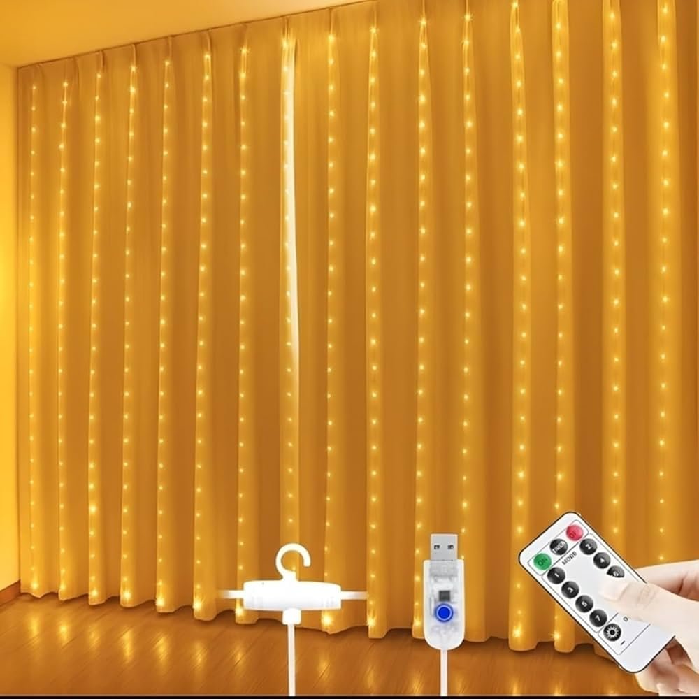 3x3 Metre Perde Led Işık, 300 Ledli 10 Sarkıtlı Dekoratif Peri Led, Uzaktan Kumandalı ve 8 Fonksiyonlu, USB Girişli Günışığı (Sarı) Duvar ve Perde Aydınlatması