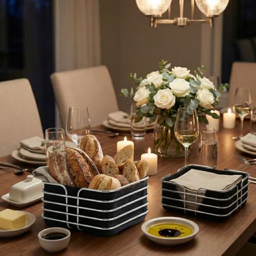 Orret Home Çıkarılabilir Astarlı Krom Metal Kare Ekmek Sepeti Peçetelik – Dekoratif Ekmeklik Sepet, Masa Üstü Peçetelik, Mutfak ve Kahvaltı Masası Sunum Sepeti, Modern Gümüş Krom Tasarım
