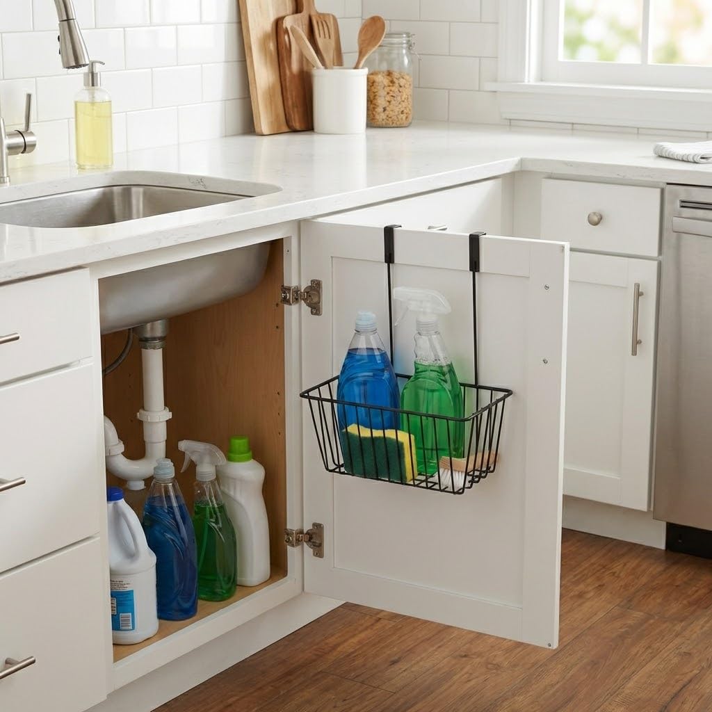 Orret Home Dolap İçi Asılabilir Metal Organizer Deterjan Organizeri – Dolap Kapağına Asılabilir Raf, Mutfak ve Banyo Temizlik Malzemesi Düzenleyici, Metal Askılı Kapak İçi Organizer