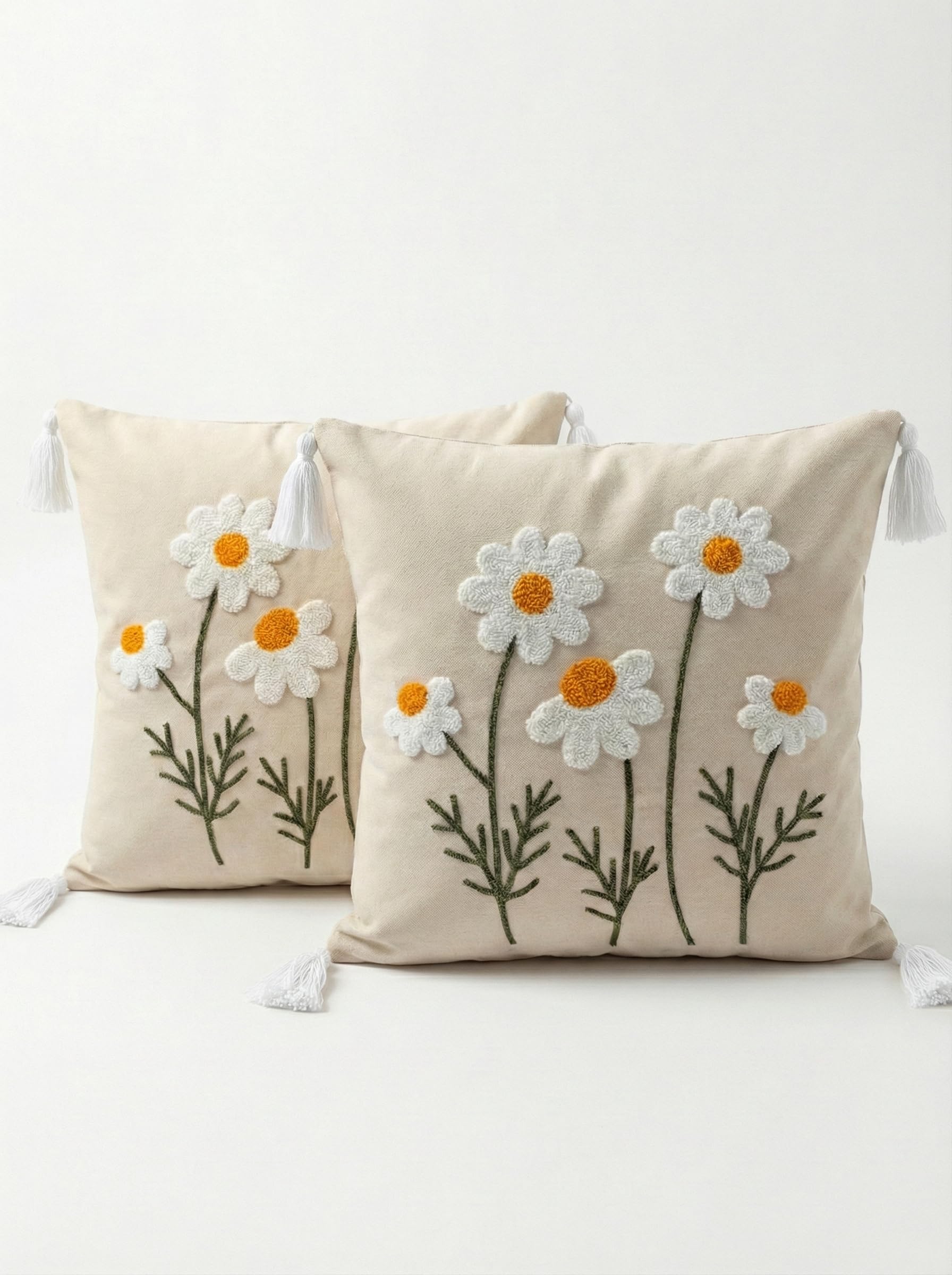 Orret Home 2 Adet 40x40 cm Punch Papatya Desenli Gizli Fermuarlı Kırlent Kılıfı Dekoratif Yastık Kılıfı Salon Oturma Odası Kırlent Seti