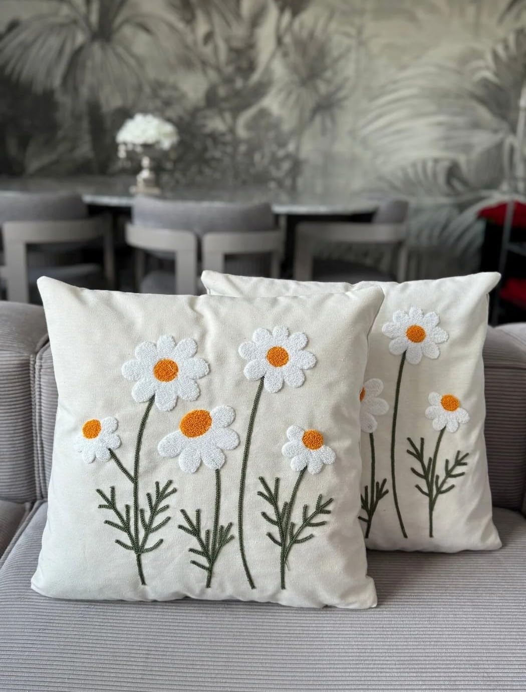 Orret Home 2 Adet 40x40 cm Punch Papatya Desenli Gizli Fermuarlı Kırlent Kılıfı Dekoratif Yastık Kılıfı Salon Oturma Odası Kırlent Seti