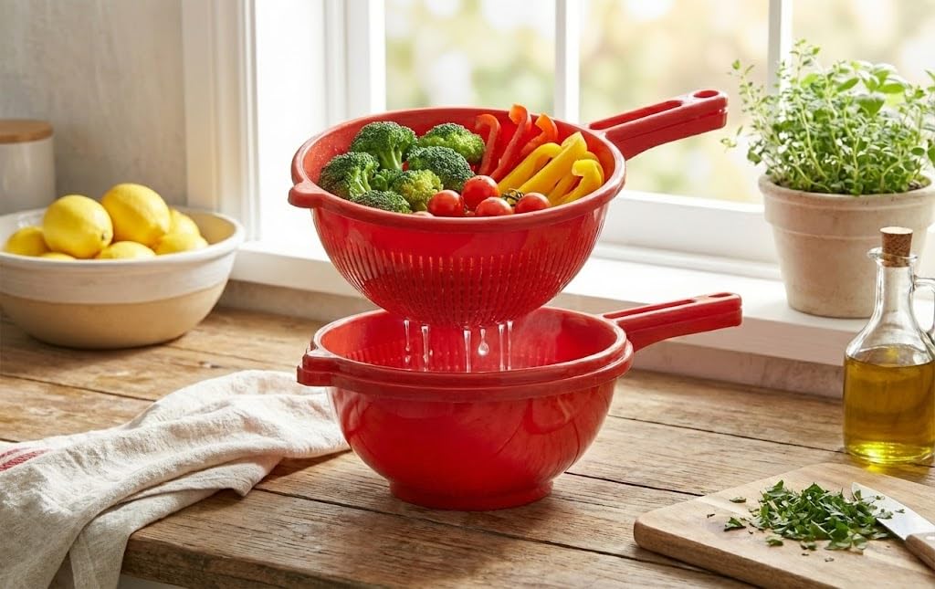 Orret Home 2 Katlı Saplı Plastik Süzgeç Alt Hazneli Makarna Süzgeci Meyve Sebze Yıkama Süzgeci Hazneli Pratik Mutfak Süzgeci (ASORTİ RENK)