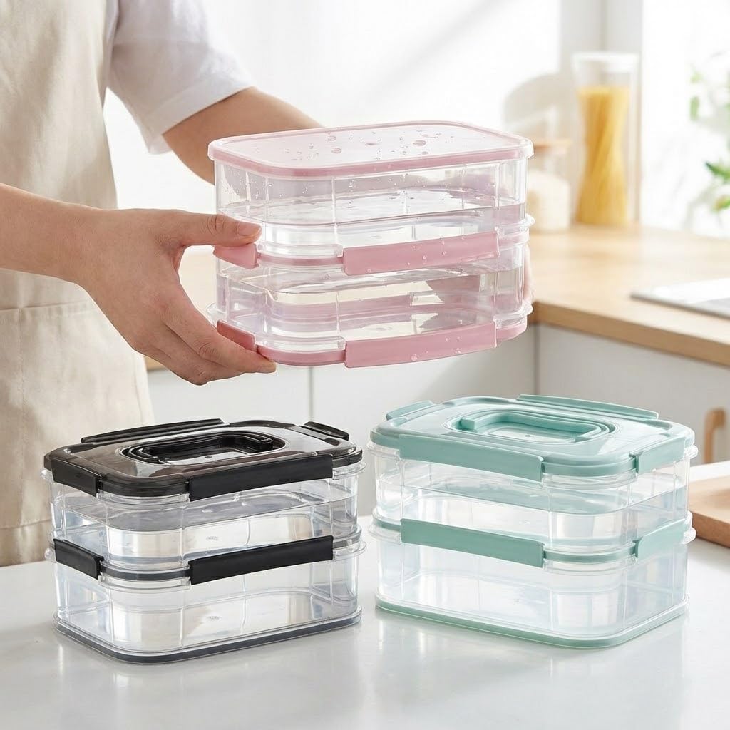 Orret Home 2x1,8 L Çift Katlı Plastik Yemek Taşıma Kutusu 3,6 L Saklama Kabı Sızdırmaz Contalı Şeffaf Kilitli Sefer Tası Beslenme Kabı Lunch Box Erzak Kabı (1 Adet)