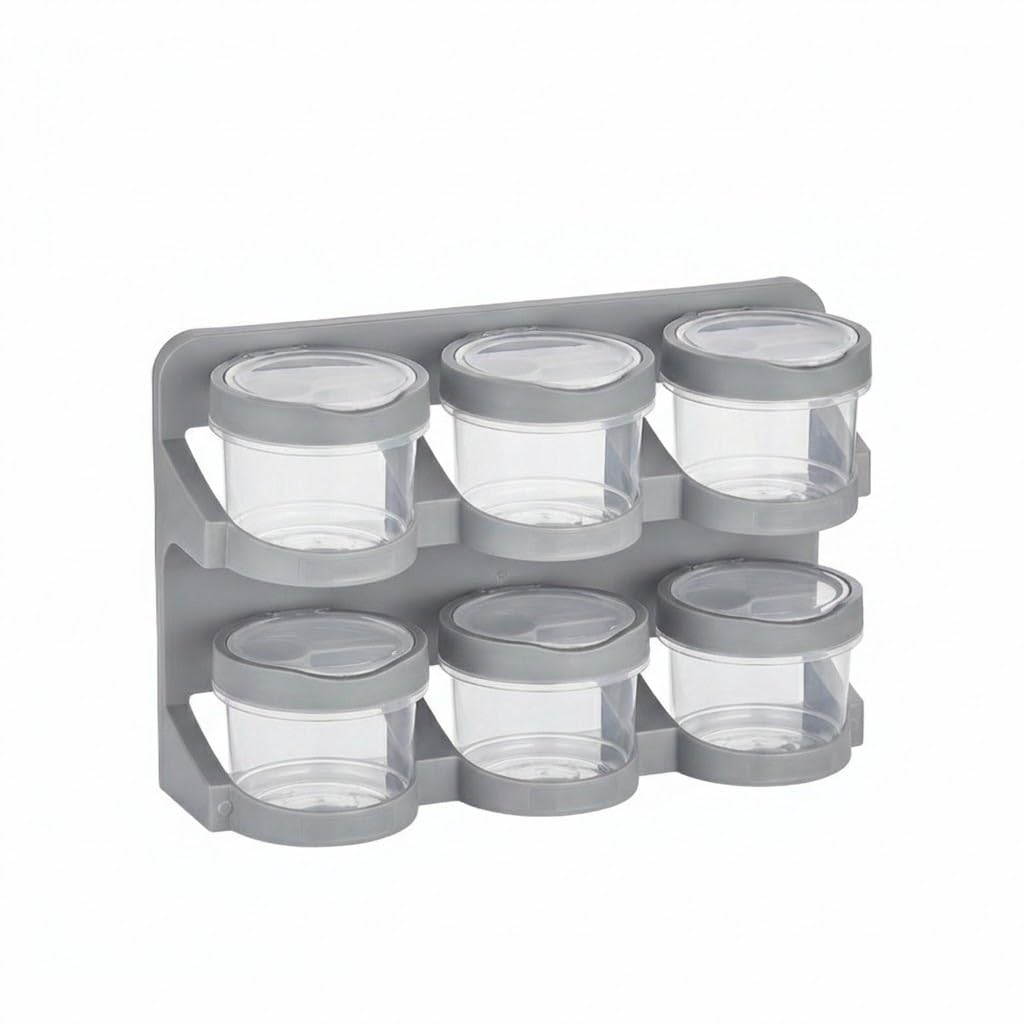 Orret Home 6’lı Standlı Baharatlık Plastik Şeffaf Kaşıklı Baharat Standı Duvara Asılabilir ve Masa Üstü Kullanılabilir Baharat Seti Mutfak Organizer