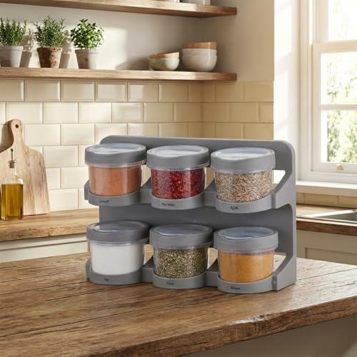 Orret Home 6’lı Standlı Baharatlık Plastik Şeffaf Kaşıklı Baharat Standı Duvara Asılabilir ve Masa Üstü Kullanılabilir Baharat Seti Mutfak Organizer