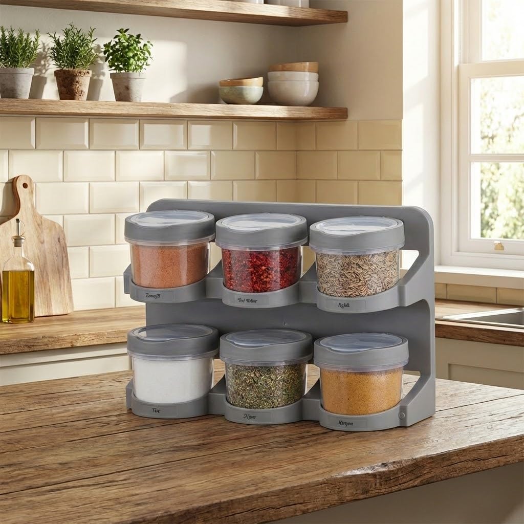 Orret Home 6’lı Standlı Baharatlık Plastik Şeffaf Kaşıklı Baharat Standı Duvara Asılabilir ve Masa Üstü Kullanılabilir Baharat Seti Mutfak Organizer