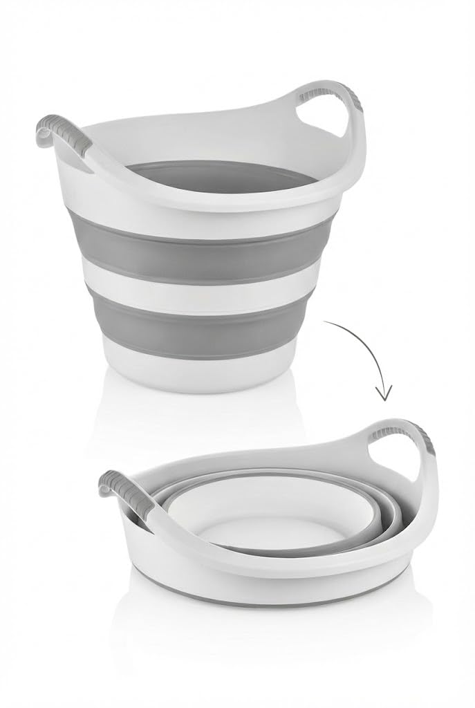 Orret Home 14 Litre Yuvarlak Katlanabilir Akordiyon Çamaşır Selesi İstiflenebilir Kova Çift Kulplu Katlanır Çamaşır Sepeti Çok Amaçlı Plastik Kova
