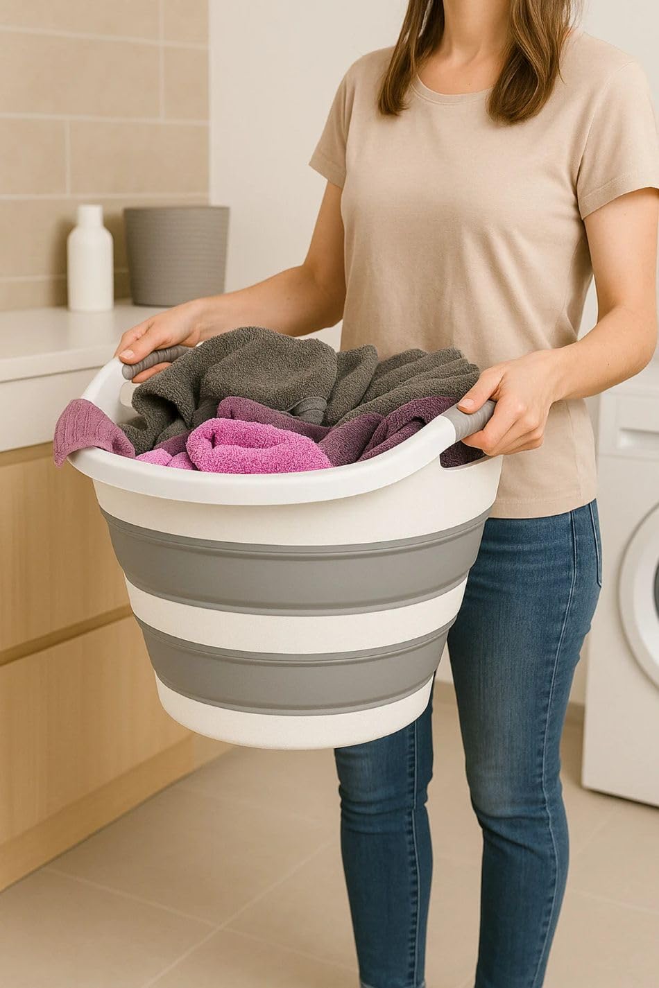 Orret Home 14 Litre Yuvarlak Katlanabilir Akordiyon Çamaşır Selesi İstiflenebilir Kova Çift Kulplu Katlanır Çamaşır Sepeti Çok Amaçlı Plastik Kova