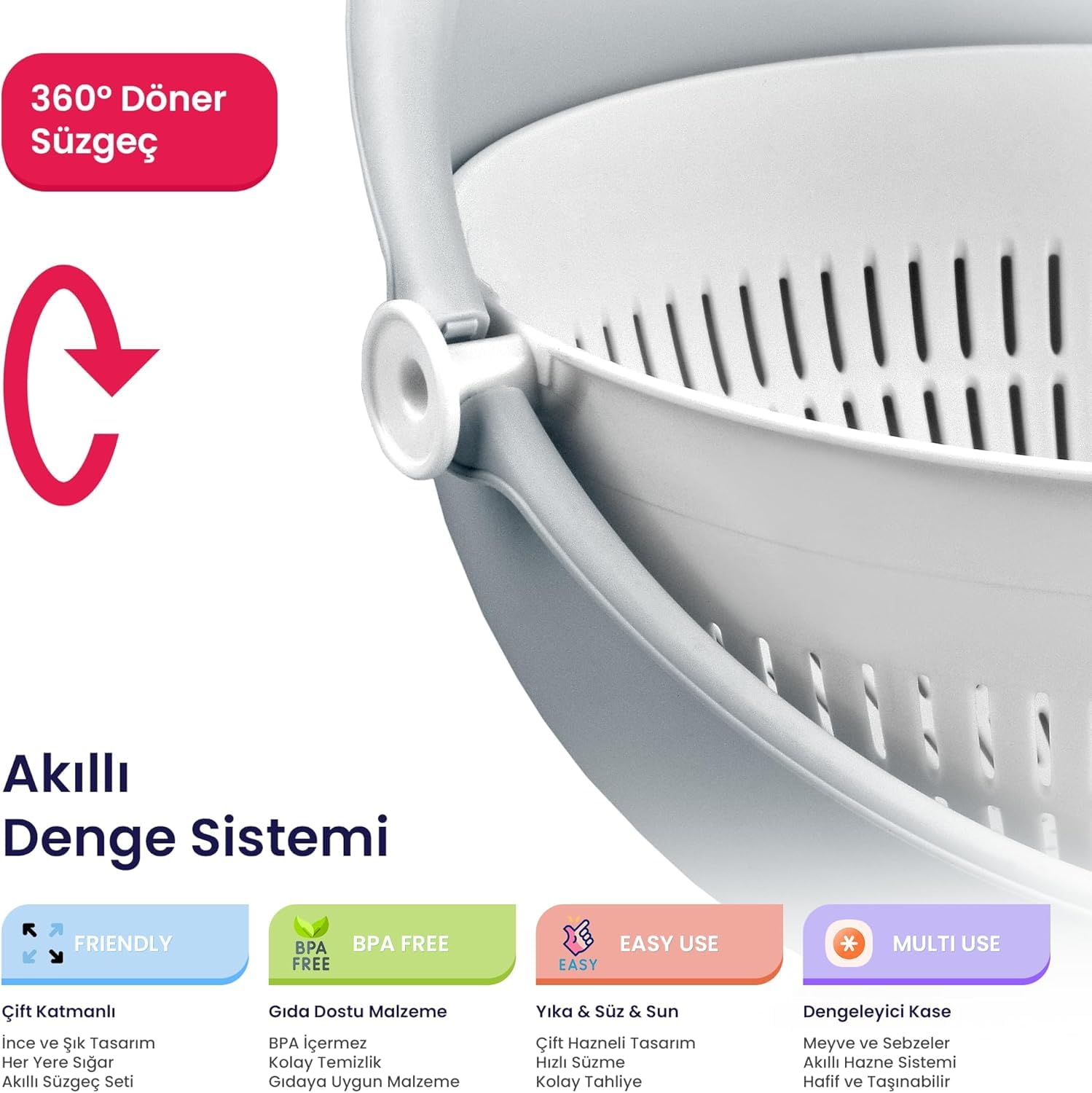 Orret Home Plastik Mutfak Süzgeci Çıkarılabilir Hazneli Makarna Sebze Meyve Süzgeci Hareketli Hazneli Dökülme Önleyici Akıllı Yıkama ve Süzme Kasesi