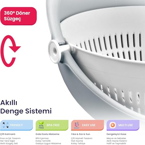 Orret Home Plastik Mutfak Süzgeci Çıkarılabilir Hazneli Makarna Sebze Meyve Süzgeci Hareketli Hazneli Dökülme Önleyici Akıllı Yıkama ve Süzme Kasesi