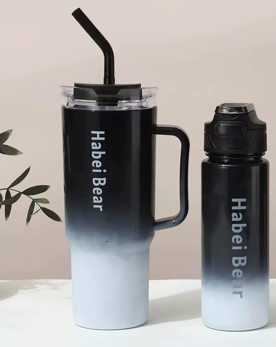 Promosyonca 2’li Matara Seti 1500 ml + 900 ml, Pipetli Kapaklı Su Şişesi, Siyah