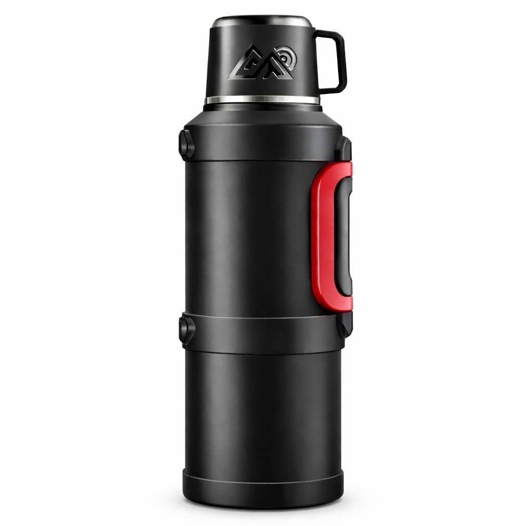 Coofbe Profesyonel 68 Oz Pasianmaz Çelik 2 Litre Kamp Termosu Bardaklı Termos 24 Saat Sıcak 36 Saat Soğuk Taşınabilir Çelik 2Lt Kamp Termosu Siyah