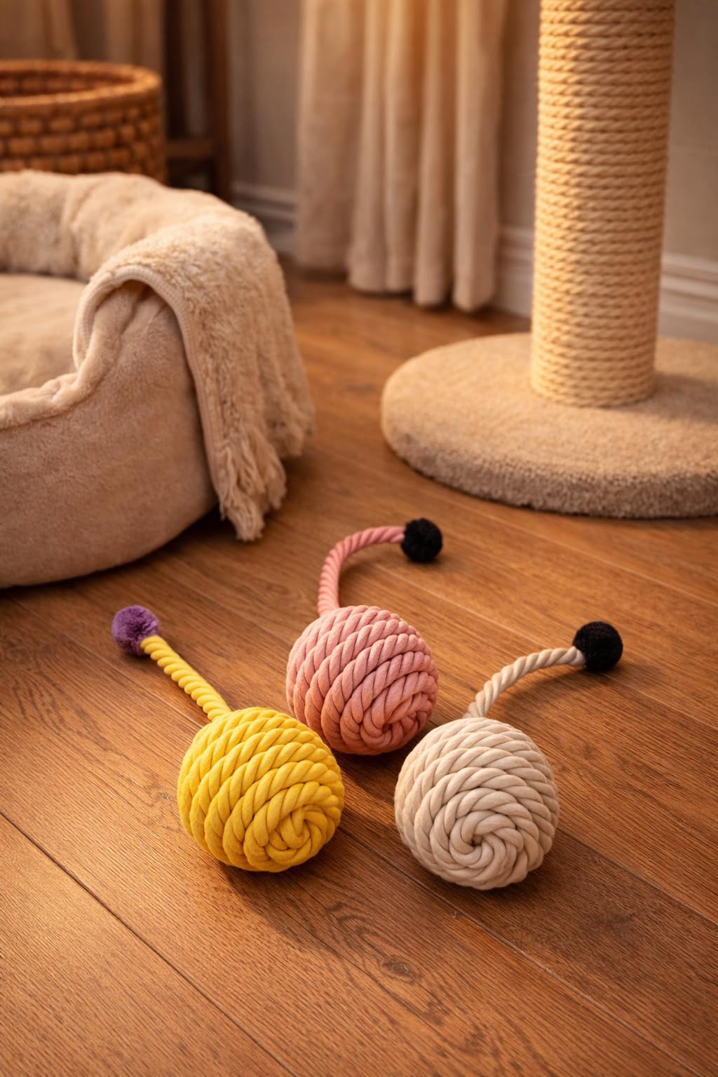 Busstier Kuyruklu Örgülü Kedi Oyuncağı 3 Adet Set İpli Top Ponpon Uçlu İnteraktif Kedi Oyun Topu Ev İçi Aktivite Enerji Atma Av İçgüdüsü Destekli Sessiz Hafif Taşınabilir Yavru ve Yetişkin Kediler İçi