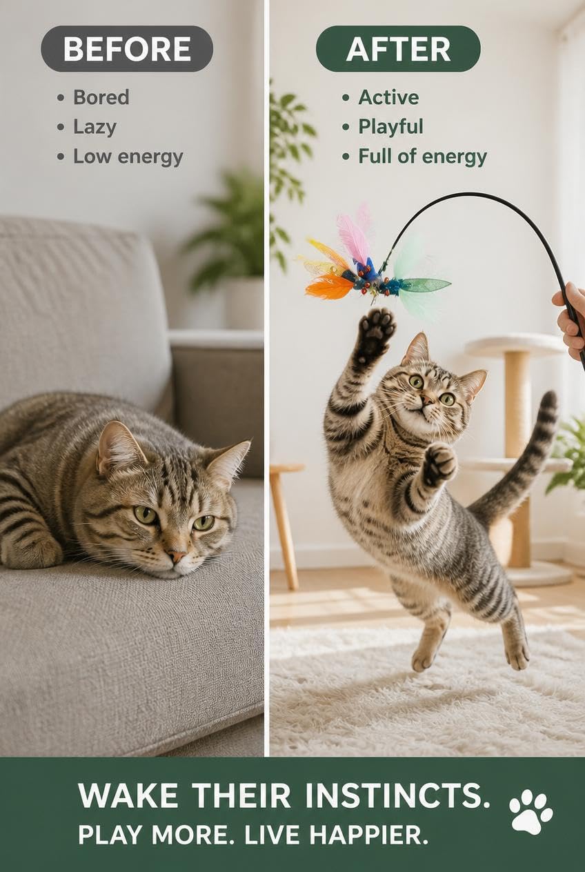 Busstier Kedi Oltası Oyuncağı Tüylü Renkli İnteraktif Kedi Oyuncak Çubuğu Zilli Esnek Uzun Saplı Av Oyunu Aparatı Enerji Atma Ev İçi Aktivite Yavru ve Yetişkin Kediler İçin (Yusufçuk)