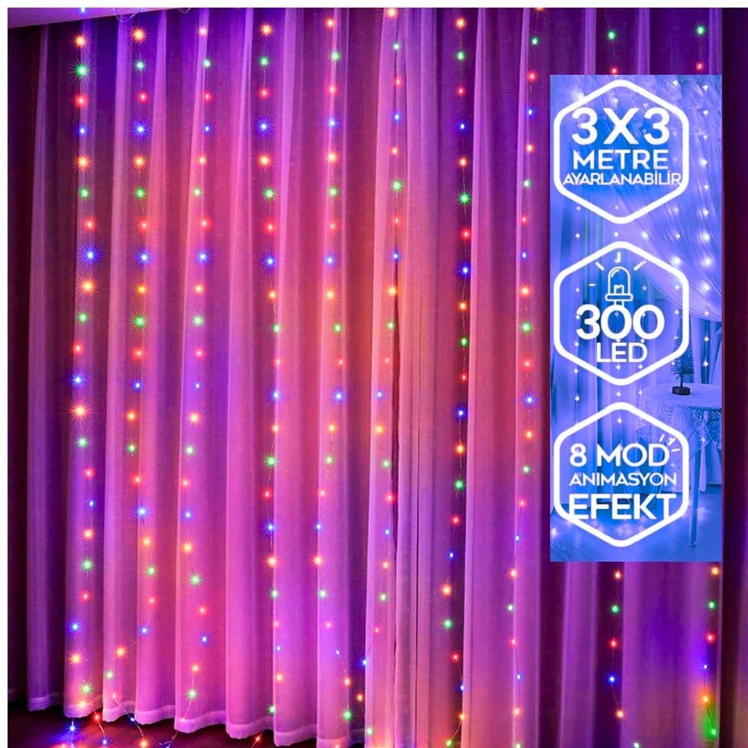 Yeco RGB 300 LED Perde Işık 3x3 Metre, 10 Sarkıtlı, 8 Modlu, Kumandalı Dekoratif Çok Renkli Peri Led