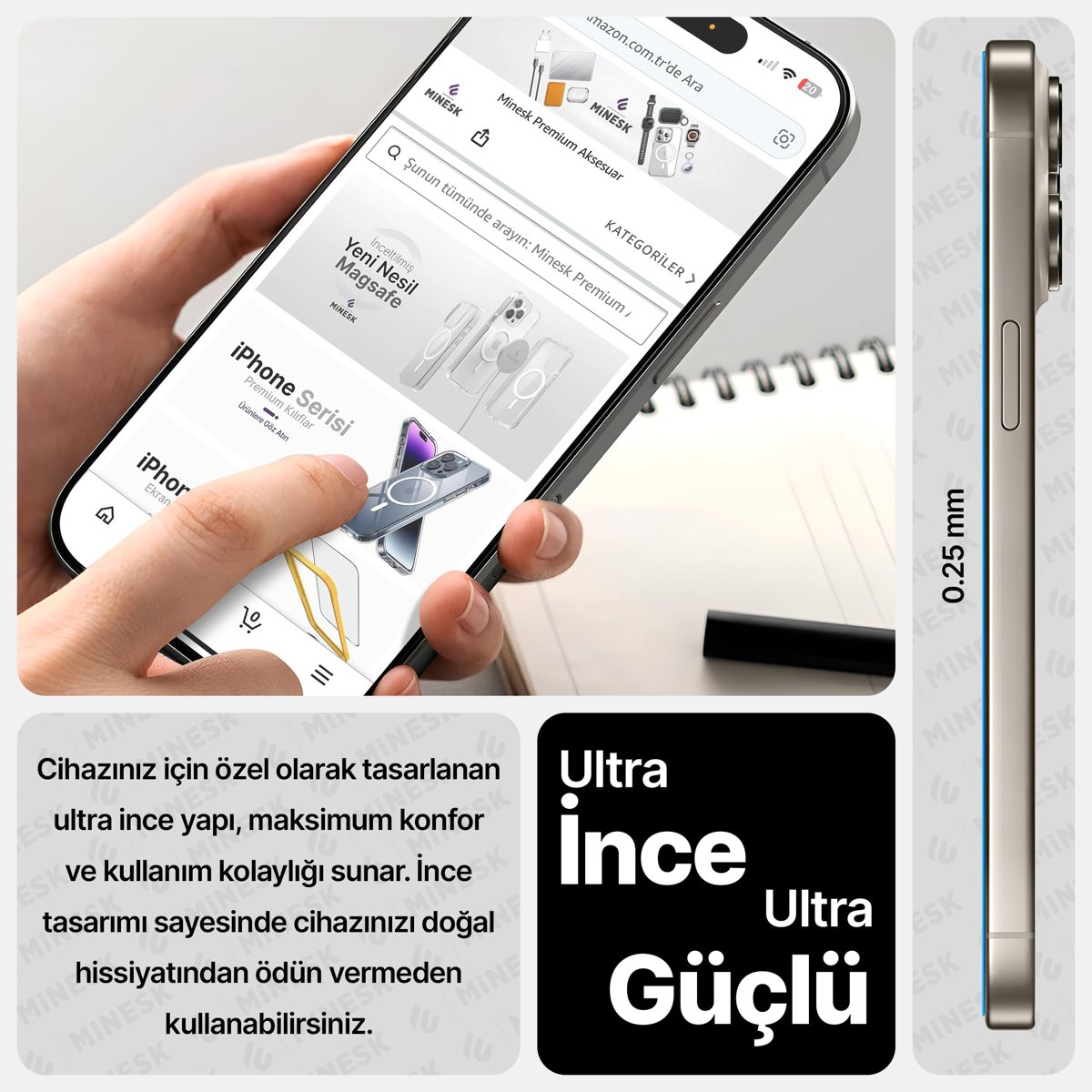 Minesk iPhone 17 için (Düz Model) ve 16 PRO için Hizalama Aparatlı Takılırken Camın Altında Kesinlikle Toz Bırakmayan Darbelere Karşı Ekstra Güçlü HD Ekran Koruyucu Cam (Kolay Kurulum, 17 ve 16 PRO)