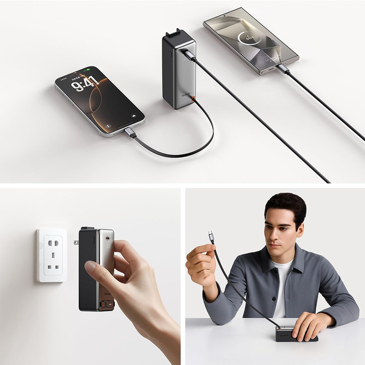 Mcdodo MC-3181 3 in 1 10000mAh 30W LED Ekranlı Powerbank ve Sarj Aleti (Dahili Geri Çekilebilir Kablo + UK/US/EU Priz Uçları)