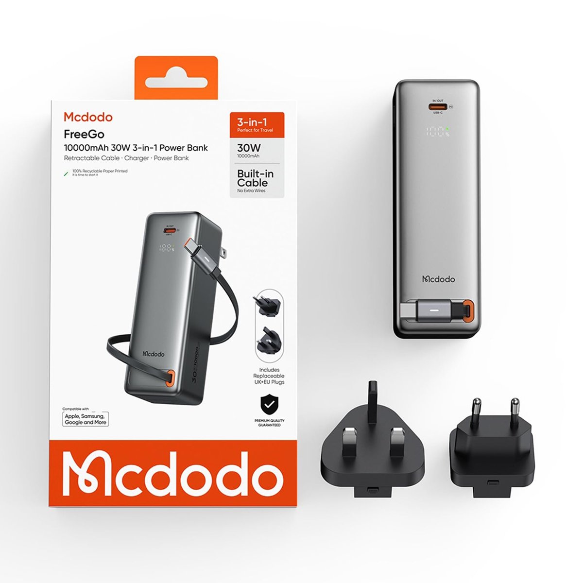 Mcdodo MC-3181 3 in 1 10000mAh 30W LED Ekranlı Powerbank ve Sarj Aleti (Dahili Geri Çekilebilir Kablo + UK/US/EU Priz Uçları)