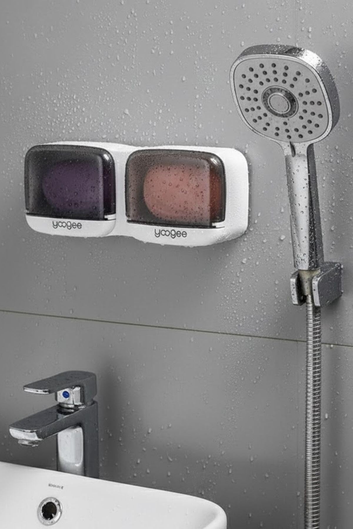 Buffer Duvara Monte İkili Kapaklı Plastik Sabunluk Organizer, Banyo ve Mutfak için Yapışkanlı Sabun Kutusu, 25.5x9.5x5 cm