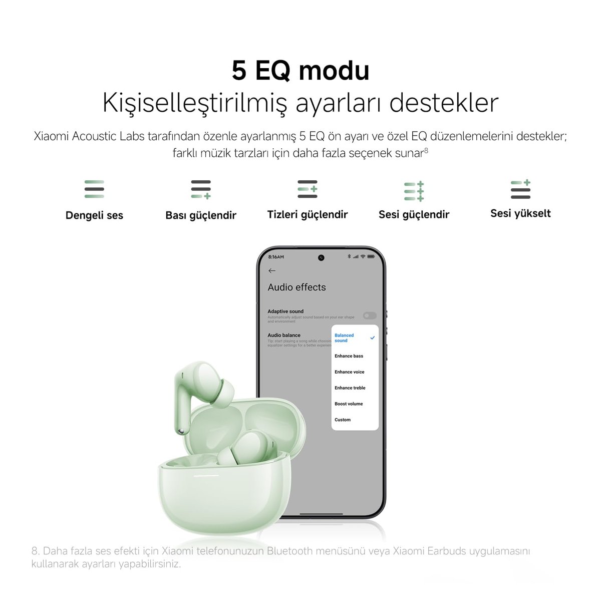 Redmi Buds 8 Kablosuz Bluetooth Kulak İçi Kulaklık, Hibrit Aktif Gürültü Engelleme, Çift Cihaz Bağlantısı, Bluetooth 5.4, 42 Saat Toplam Pil Ömrü, Beyaz