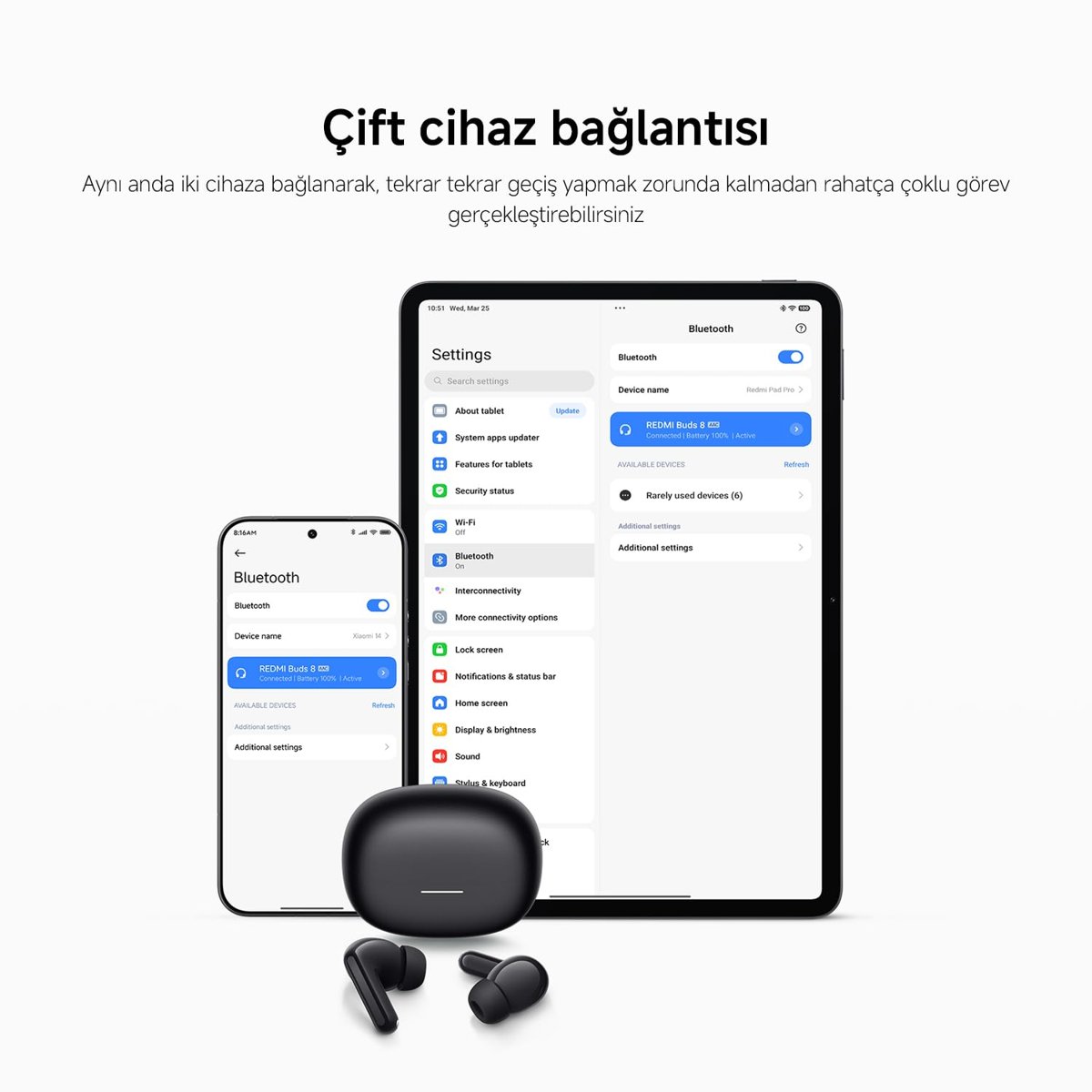 Redmi Buds 8 Kablosuz Bluetooth Kulak İçi Kulaklık, Hibrit Aktif Gürültü Engelleme, Çift Cihaz Bağlantısı, Bluetooth 5.4, 42 Saat Toplam Pil Ömrü, Beyaz