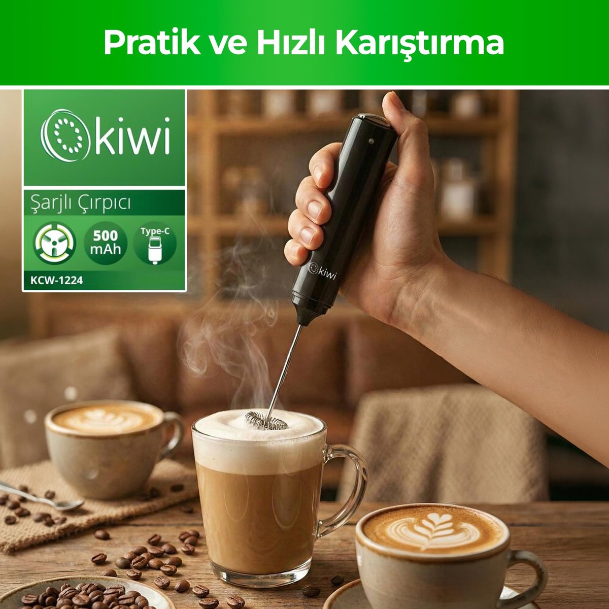 Kiwi KCW-1224 Şarjlı Kablosuz Mini Mikser – Tek Bardaklık Ayran, Kahve ve Yumurta Çırpıcı, Kapaklı Type-C Güçlü Süt Köpürtücü